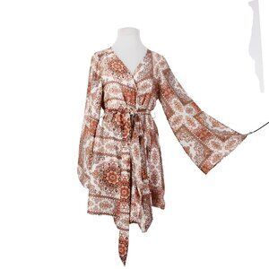 Molly Green $69 Miriam Wrap Sz M Ivory Rust Satin Bohemian Polyester Dress
